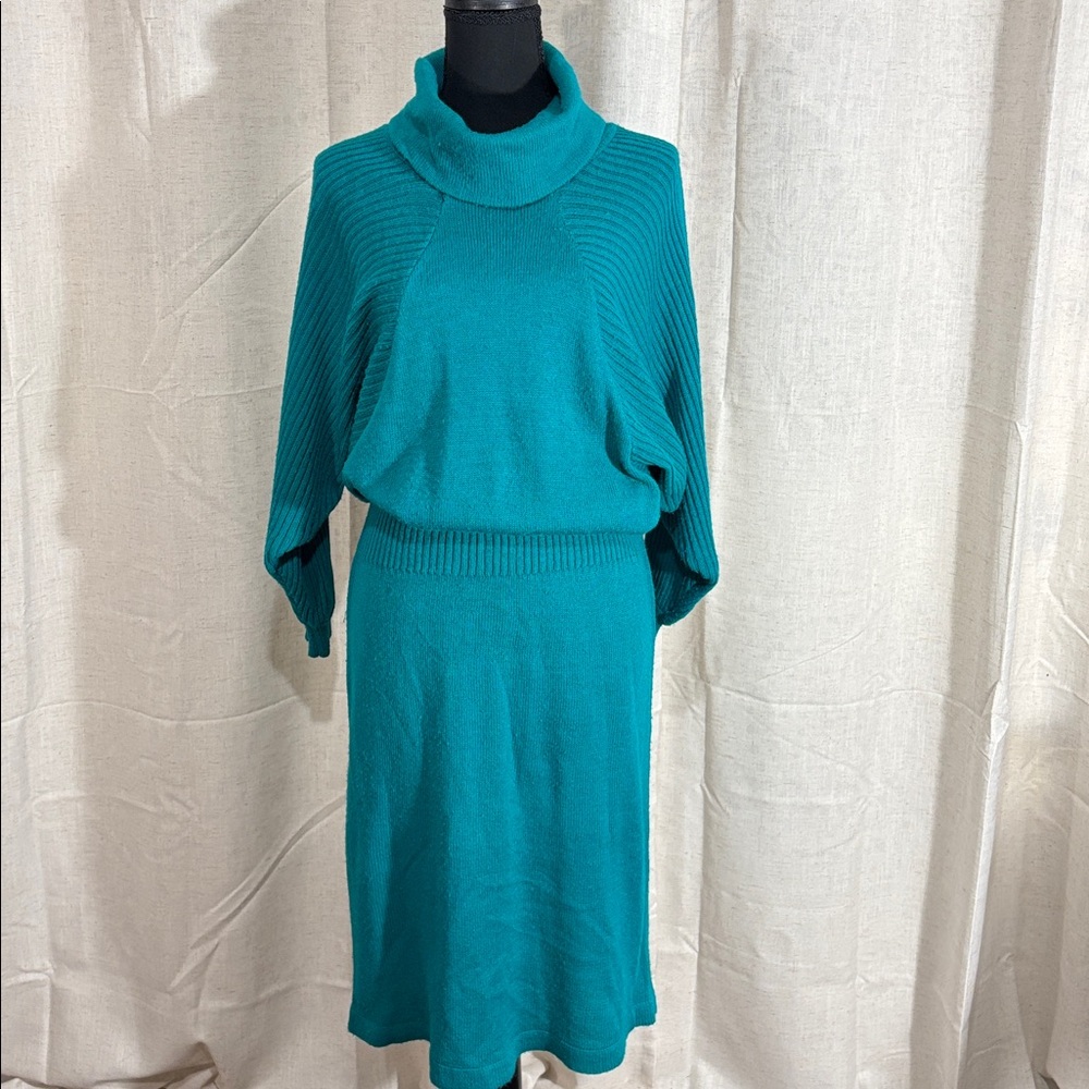 Vintage 80s Christina’s Teal Turtleneck Women Sweater Dress